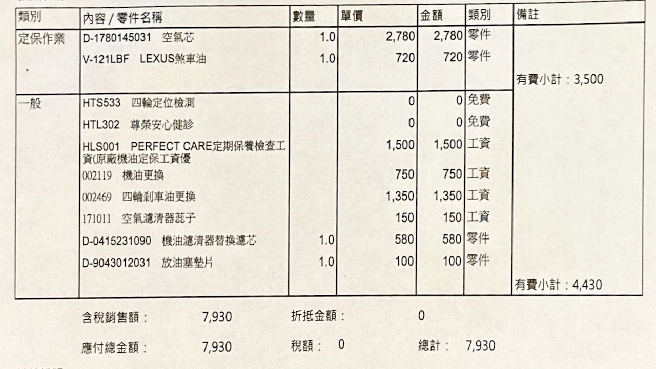 Lexus RX450h 第八年保養工單